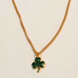 Gold Plated Glittery Green Enamel Clover Charm Necklace